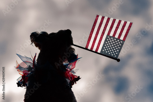 Silhouette dog holding american flag with clouds