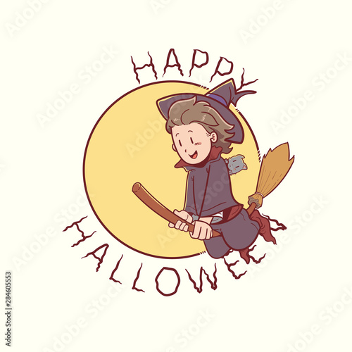 Witch flying with broom Halloween illustration