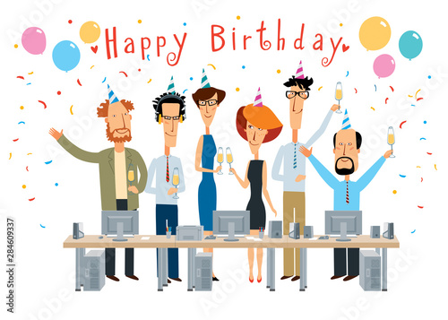 Happy Birthday. Cheerful colleagues in the office congratulate. Vector full color graphics with cute characters