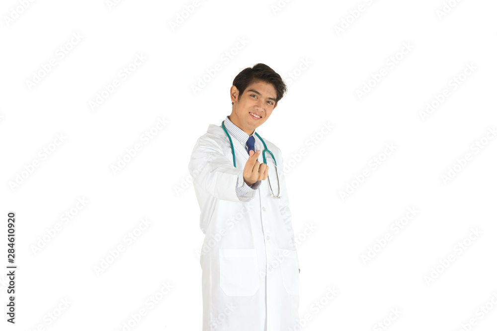 A young Asian doctor has a stethoscope making a Mini Hart, expressing concern and love on a white background.