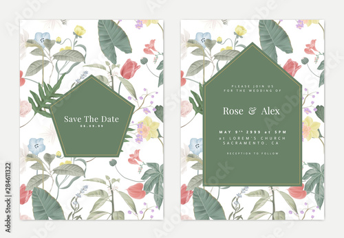 Botanical wedding invitation card template design, various flowers and leaves pattern on white with green pentagon frame