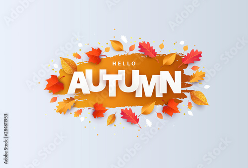 Illustration with the phrase Hello Autumn in paper cut style decorated with beautiful Autumn leaves. Design for greeting card, Sale or promotional poster, flyer, web banner, social and fashion ads