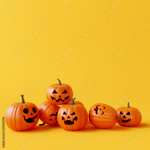 Happy Halloween pumpkin jack o lantern on yellow background. 3d rendering