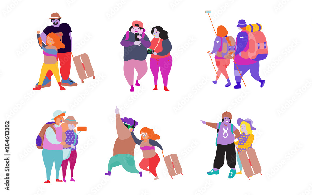 Tourist characters. Young couple family, tourists travelling with backpacks and bags, suitcases. Summer vacation people isolated vector. Illustration of summer tourist character, woman and man.