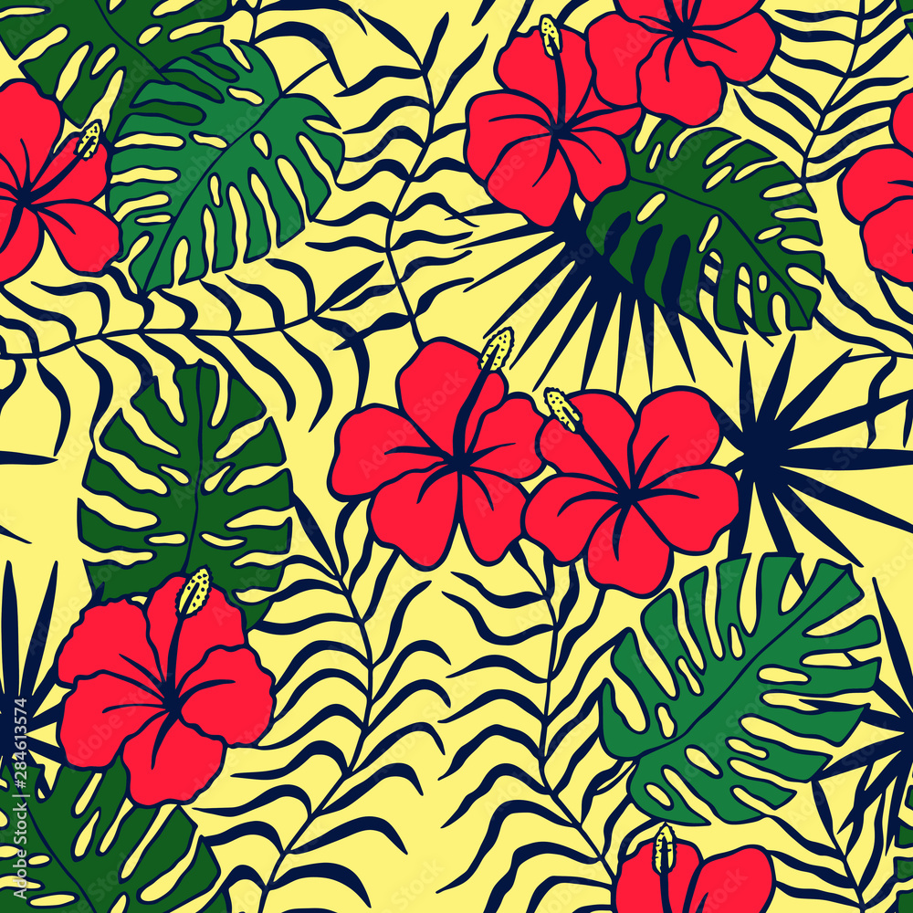 Fototapeta premium tropical flowers, leaves. seamless pattern. eps 10 vector illustration. hand drawing