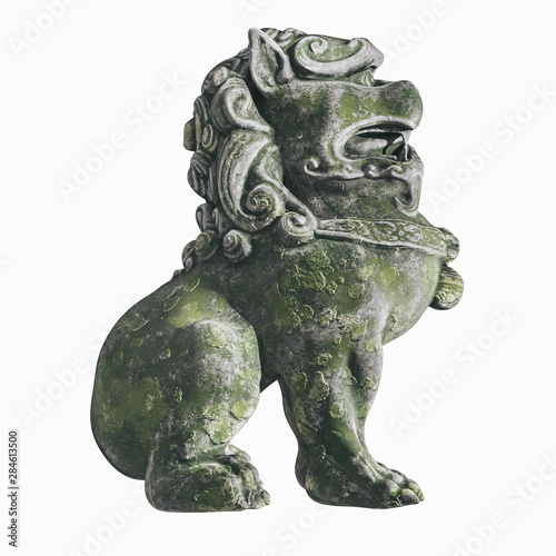 Traditional oriental stone statue. Mythical Chinese character dog lion. 3d render. isolated on white background
