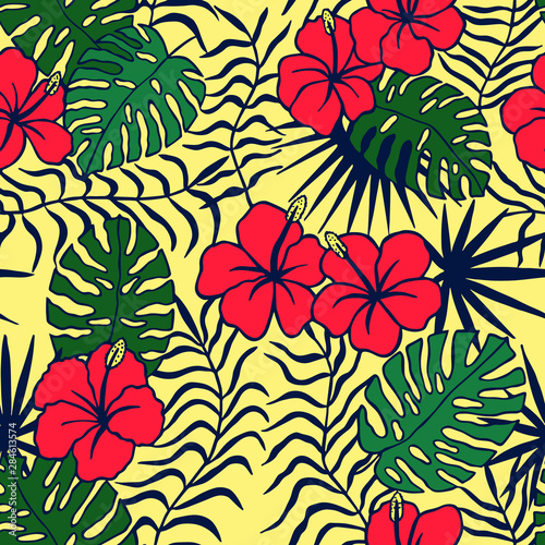 tropical flowers, leaves. seamless pattern. eps 10 vector illustration. hand drawing © Yevheniia