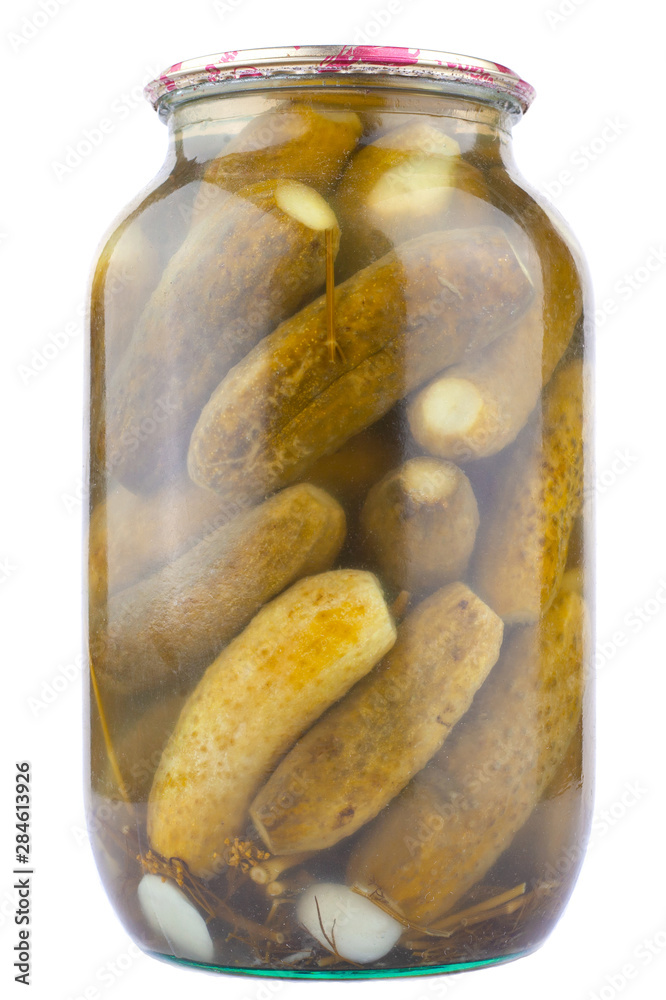 can of pickles, jar pickled cucumbers,gherkins isolate on a white background can of pickles, jar pickled cucumbers,gherkins isolate on a white background