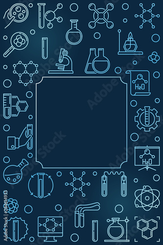 Vector Chemistry blue vertical background with square frame and chemical linear icons