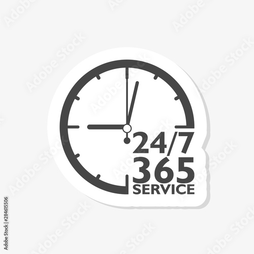 24 7 hours and 365 days sticker icon. Any time working service or support symbol