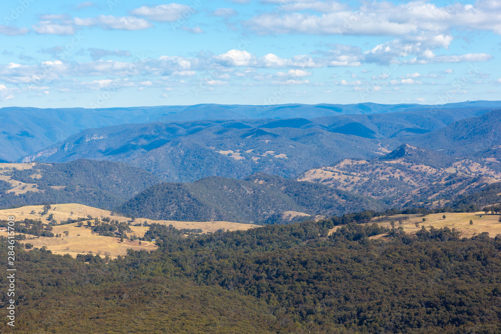The blue tones of the Blue mountains from Hargraves lookout located in Blackheath New South Wales Australia on 2nd August 2019