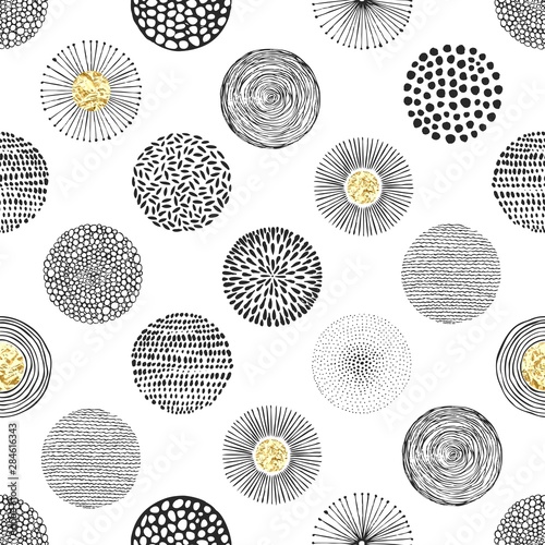 Seamless vector pattern with hand-drawn circles texture and golden foil, abstraction illustration of black silhouette on white background.