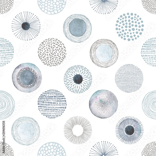 Seamless vector pattern with hand-drawn and watercolor circles texture, abstraction illustration on white background in vintage style.
