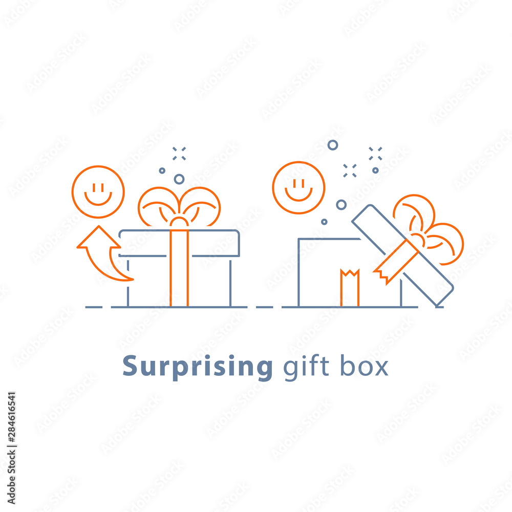 Prize give away, surprising gift, emotional present, fun experience, gift idea concept, line icon