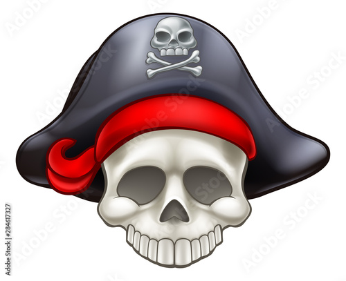 Pirate Jolly Roger skull wearing a captains hat