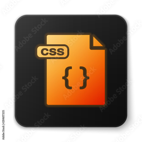Orange glowing neon CSS file document. Download css button icon isolated on white background. CSS file symbol. Black square button. Vector Illustration