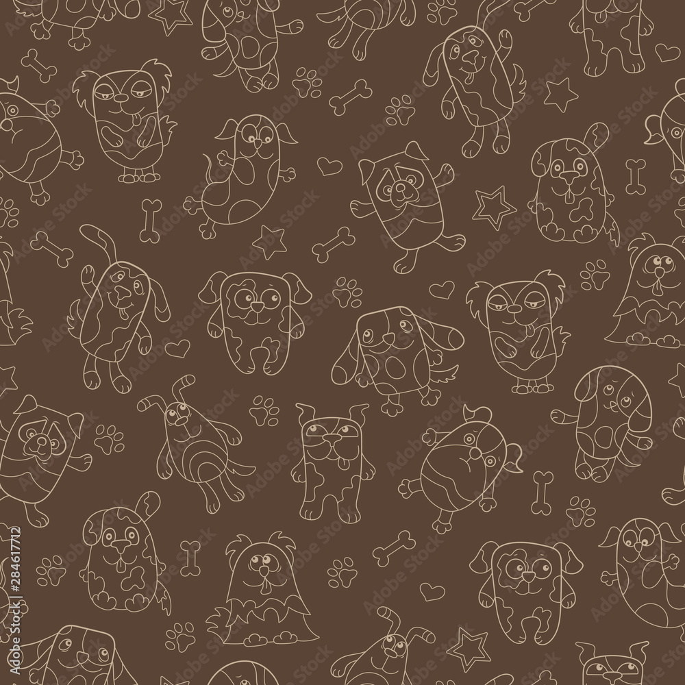 Seamless pattern with contour images cartoon dogs ,beige outline on a ...