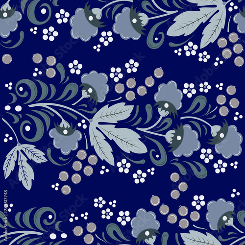 Seamless floral pattern in folk painting style, flowers, leaves and berries on a bluebackground