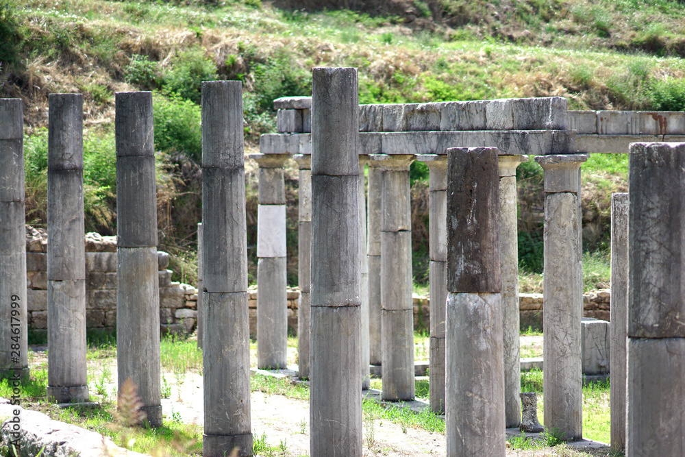 Details of columns in the ancient archaeological site of Messini, in southern Peloponnese