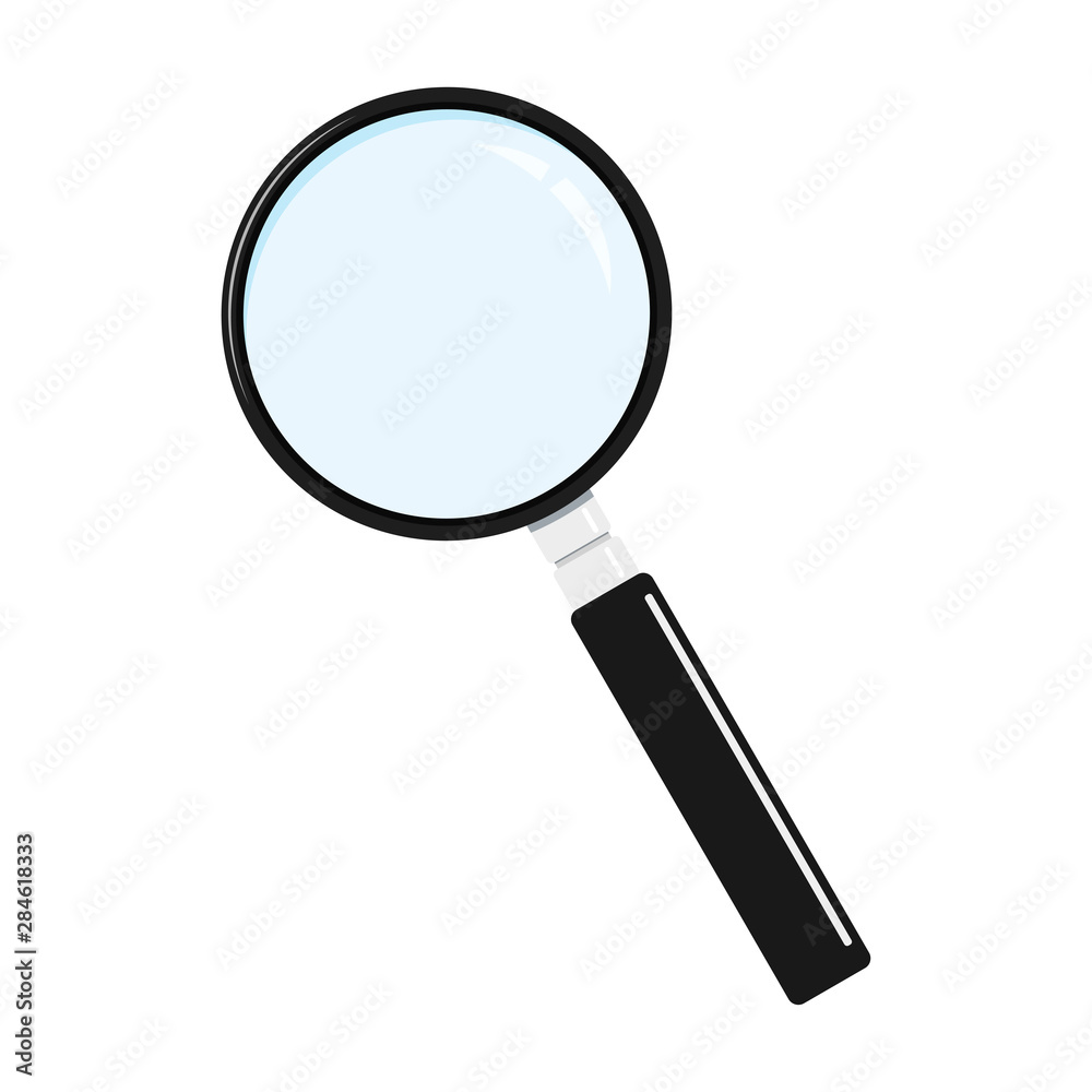 Flat style black metal magnifying glass icon, Search loupe with black handle isolated on white background. Flat style black metal magnifying glass icon, Search loupe with black handle isolated on white background.