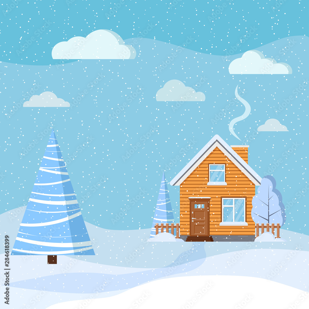 Winter beautiful snowy landscape with country rural wooden house, spruce, clouds, snow in cartoon style.