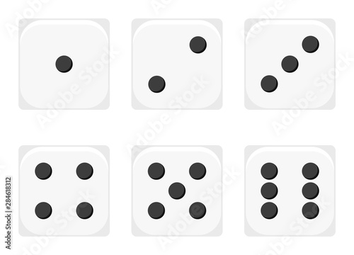 Vector illustration of white 1-6 dices icon set. Sex casino dices sign - 1, 2, 3, 4, 5, 6 isolated on white background.