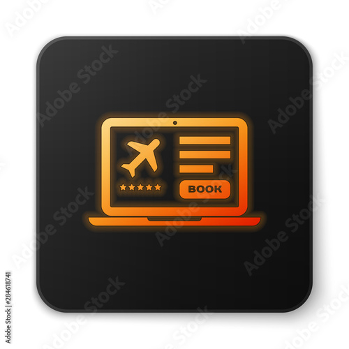 Orange glowing neon Laptop with electronic boarding pass airline ticket icon isolated on white background. Passenger plane mobile ticket for web and app. Black square button. Vector Illustration