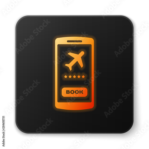 Orange glowing neon Smartphone with electronic boarding pass airline ticket icon isolated on white background. Passenger plane mobile ticket for web and app. Black square button. Vector Illustration