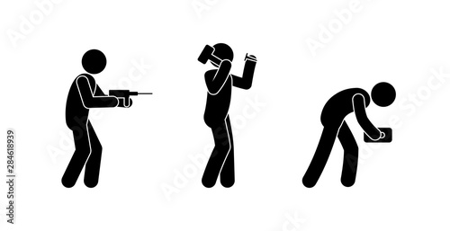 people are doing repairs, stick figure man, human silhouette pictogram, isolated icons people with work tools, home repairs
