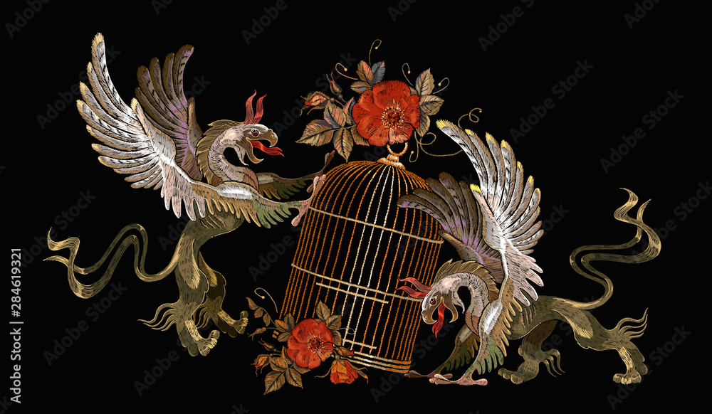 Embroidery two griffins and gold cage. Template for clothes, t-shirt  design. Medieval art. Gothic tapestry renaissance style Stock Vector |  Adobe Stock