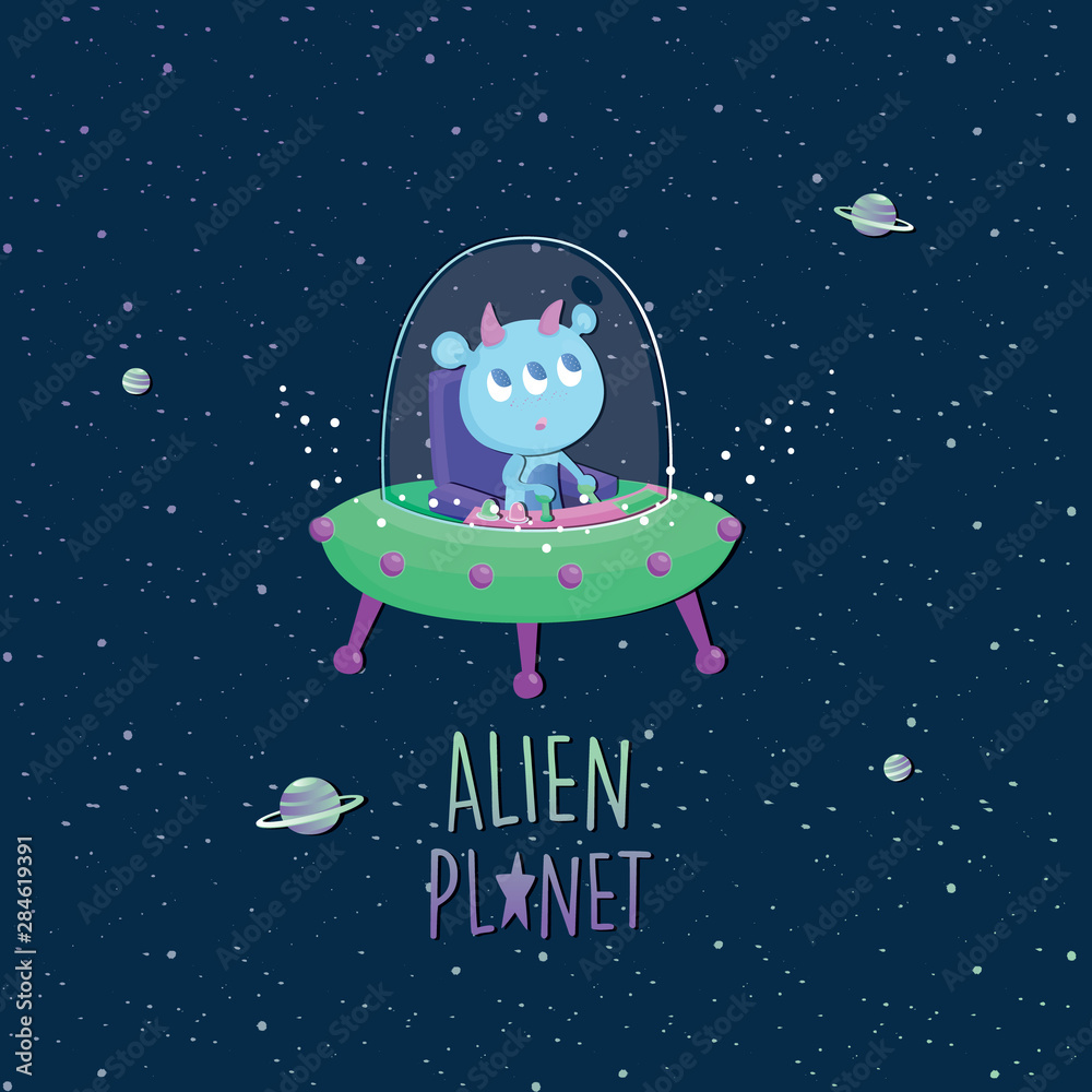 Vector illustration alien in UFO with galaxy background.