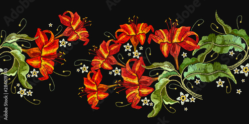 Flowers lilies embroidery. Horizontal seamless pattern. Tropical jungle art. Template fashionable clothes, t-shirt design