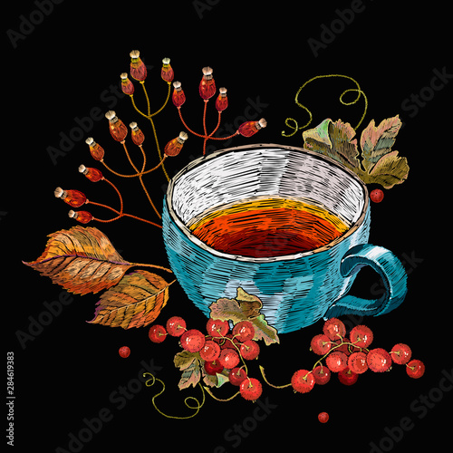 Embroidery herbal tea, red currant berries and autumn leaves. Fashion fall art. Template of clothes, tapestry, t-shirt design