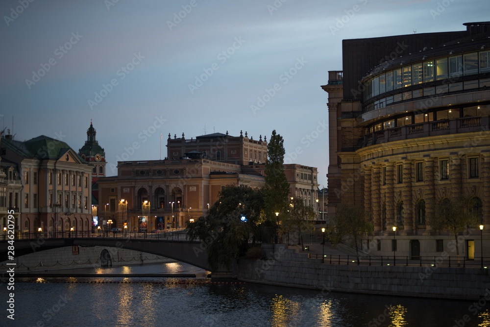 Morning view at sunrise over Stockholm government buildings in the autumn