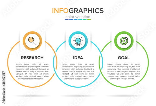 Concept of arrow business model with 3 successive steps. Three colorful rectangular elements. Timeline design for brochure, presentation. Infographic design layout.