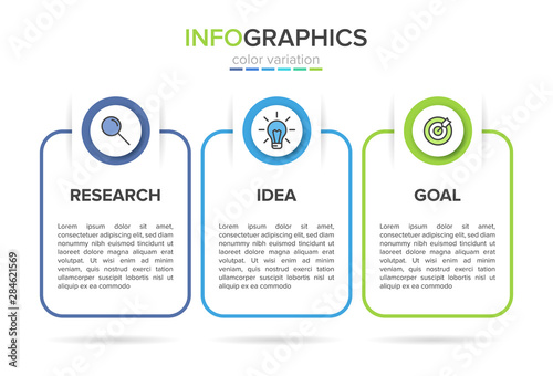 Concept of arrow business model with 3 successive steps. Three colorful rectangular elements. Timeline design for brochure, presentation. Infographic design layout.