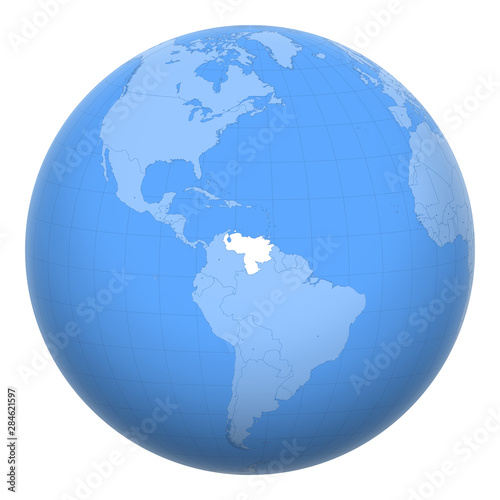 Venezuela on the globe. Earth centered at the location of the Bolivarian Republic of Venezuela. Map of Venezuela. Includes layer with capital cities.