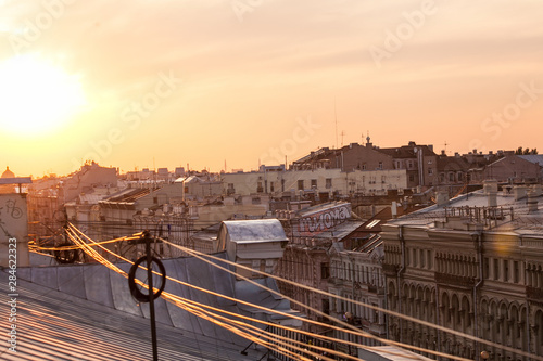 Beautiful sunset top view panorama of Saint Petersburg landscapes  amazing St. Petersburg view from the roof with copy space