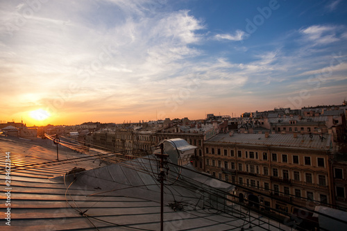 Beautiful sunset top view panorama of Saint Petersburg landscapes  amazing St. Petersburg view from the roof with copy space