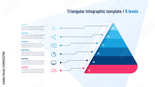 Vector infographic template in the shape of triangle, pyramid divided by 6 parts