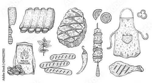 Barbecue sketch set. BBQ graphic line elements. Grilled food beef meat, pork rib, chick, sausage, kebab. Summer picinic party icons collection. Cook vector illustration isolated on white background