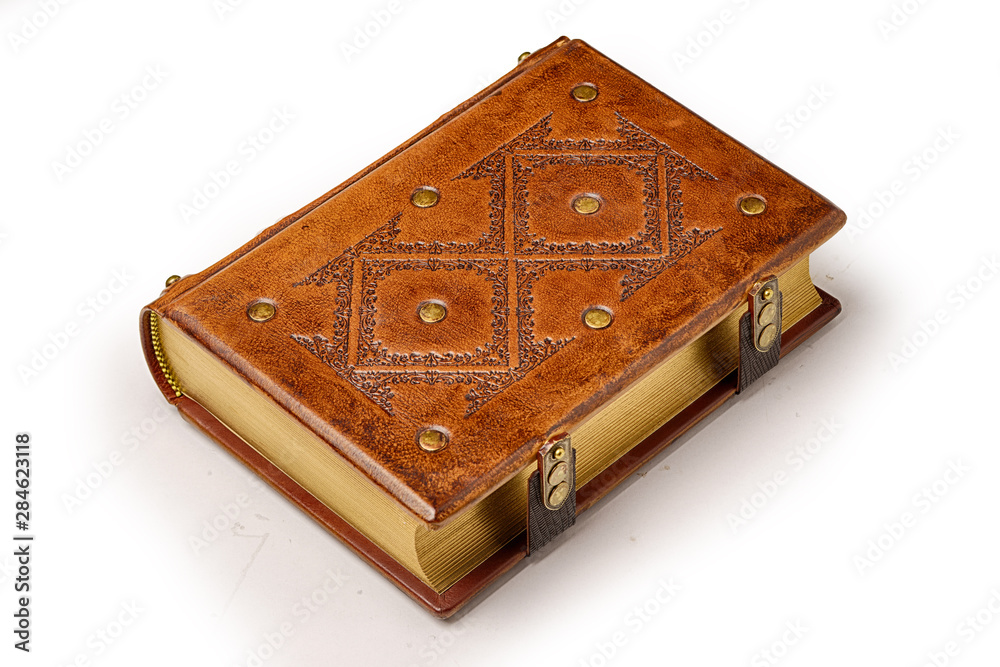 Bright brown aged leather book with decorative pattern on the front cover, gilded paper edges and two closure clasps. Bright brown aged leather book with decorative pattern on the front cover, gilded paper edges and two closure clasps.