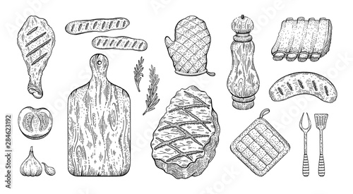 BBQ sketch set. Barbecue graphic line elements. Grilled menu beef meat, pork rib, chicken, sausage, tomato. Summer picinic party icons glove, board, mill. Cook vector illustration, white background