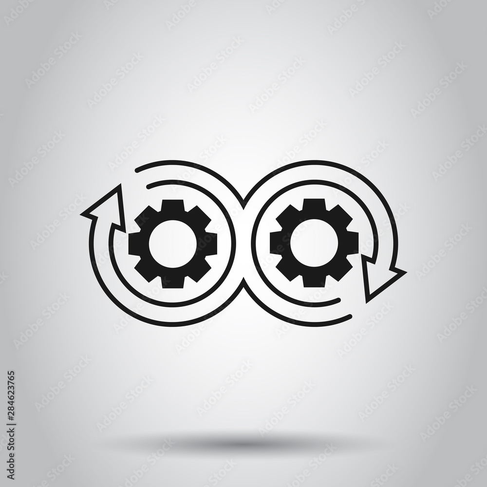 Development icon in flat style. Devops vector illustration on isolated background. Cog with arrow business concept. Development icon in flat style. Devops vector illustration on isolated background. Cog with arrow business concept.