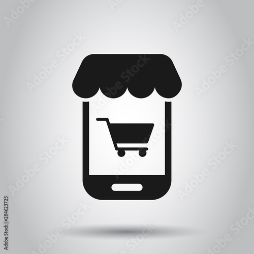 Online shopping icon in flat style. Smartphone store vector illustration on isolated background. Market business concept.
