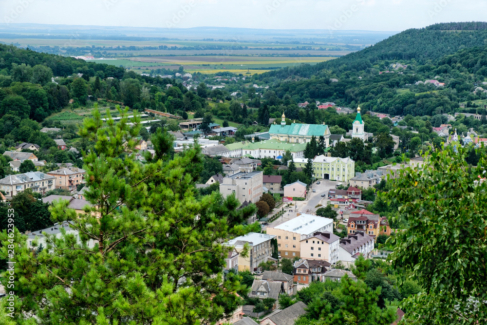 Aerial view to historical town Kremenets, Ternopil region, Ukraine. August 2019  