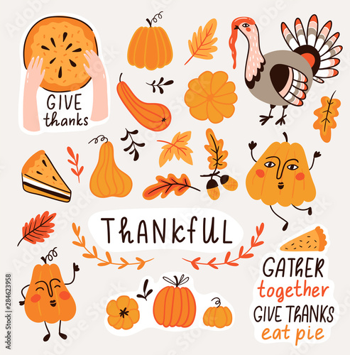 Vector set for Thanksgiving day. Cute hand drawn illustration with decor elements for thankful day. Sticker set.