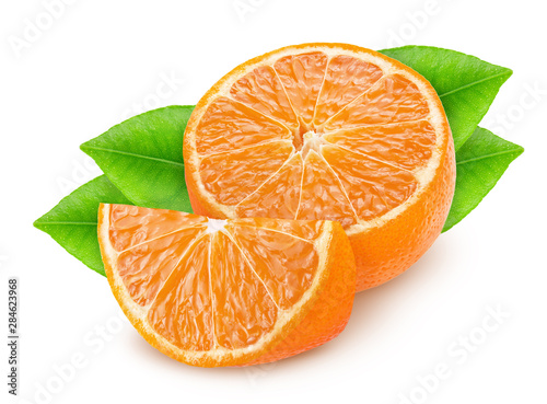 Half and slice of mandarin with leaves isolated on white background.