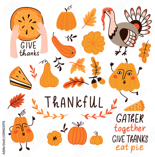 Vector set for Thanksgiving day. Cute hand drawn illustration with decor elements for thankful day. Sticker set.