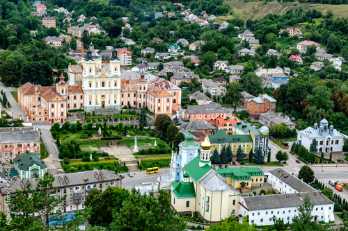 Aerial view to historical center of town Kremenets, Ternopil region, Ukraine. August 2019  Jesuit Collegium in center. photo